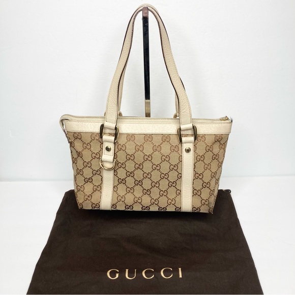 Authentic GUCCI Abbey Tote Tan GG Canvas & Beige Cream Leather - Picture 3 of 16